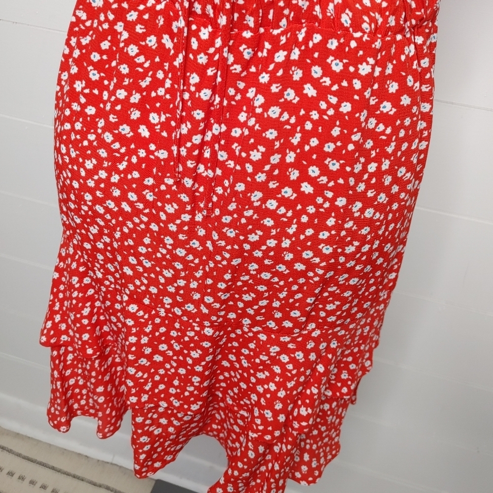 Zara Red Floral Ruched Ruffle Mini Dress Size S - Picture 7 of 12